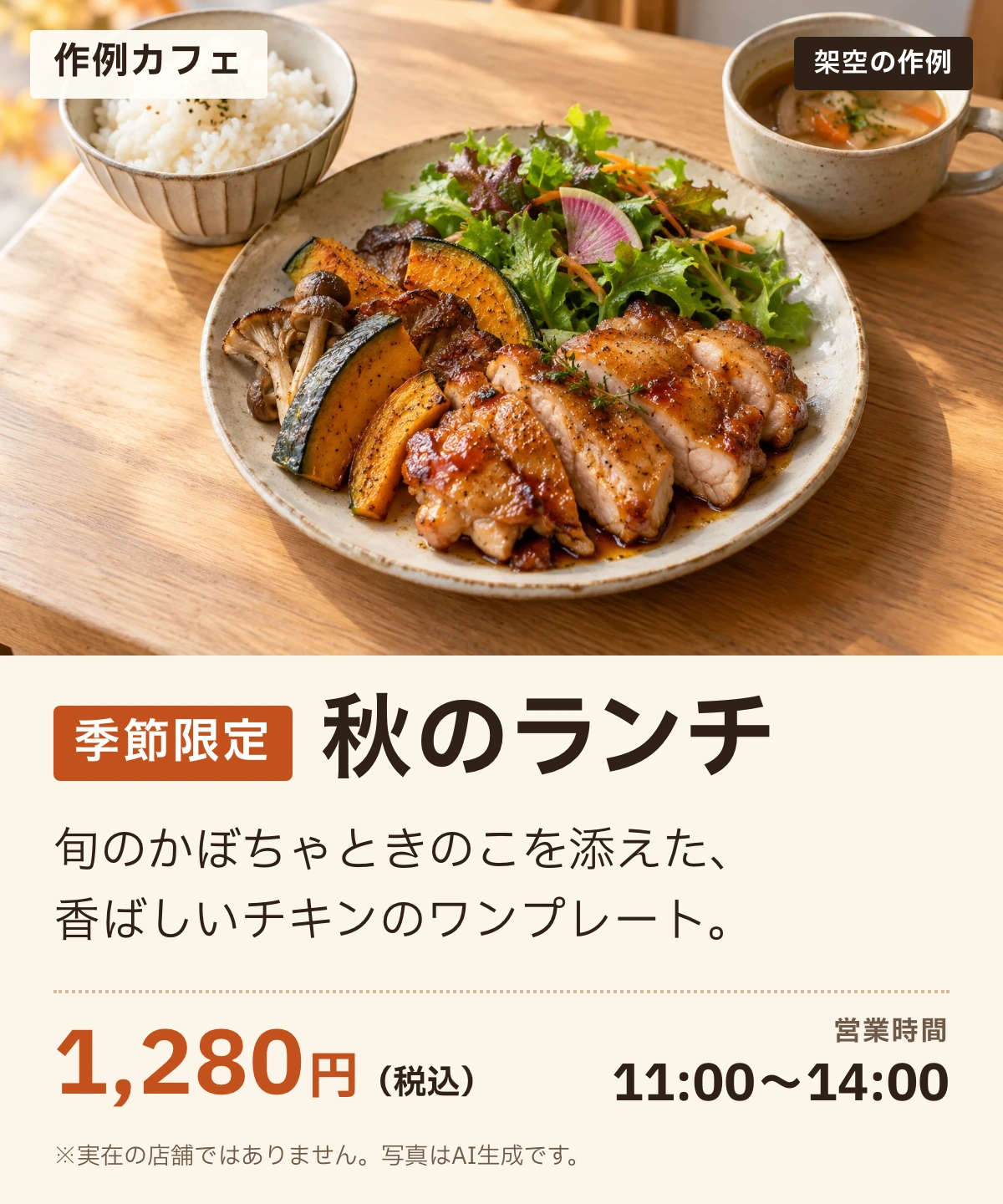 完成チラシの作例。架空のカフェ「作例カフェ」の秋のランチ告知。料理写真の下に見出し、紹介文、価格と営業時間。