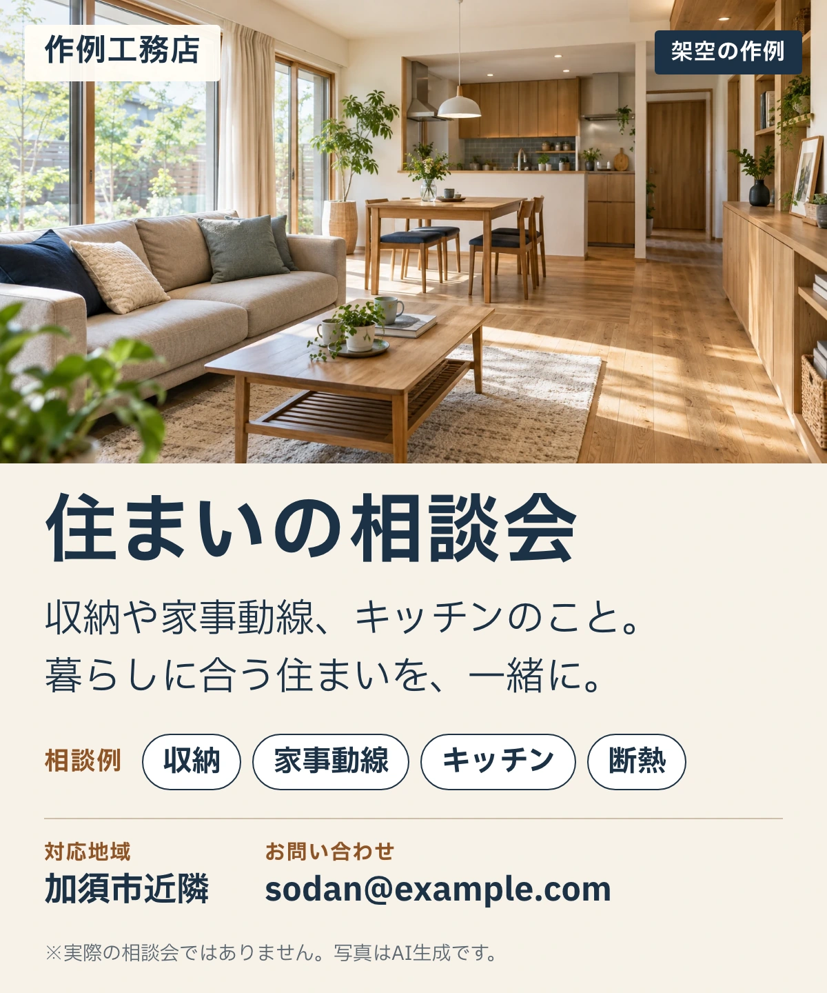 完成チラシの作例。架空の「作例工務店」の住まいの相談会告知。リビング写真の下に見出し、紹介文、相談例と対応地域。