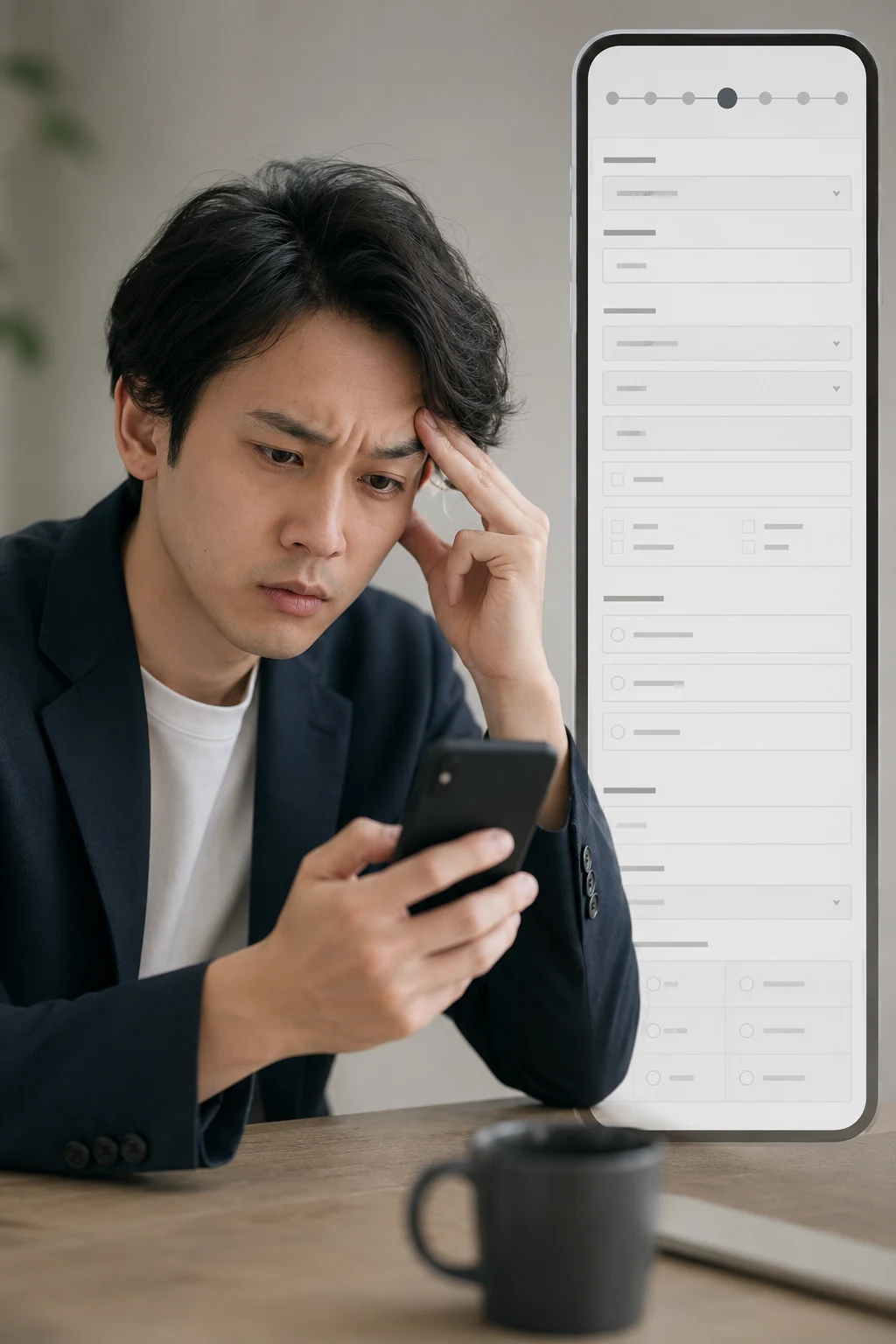 多くの入力項目が並ぶ予約フォームに戸惑う利用者を表したイメージ