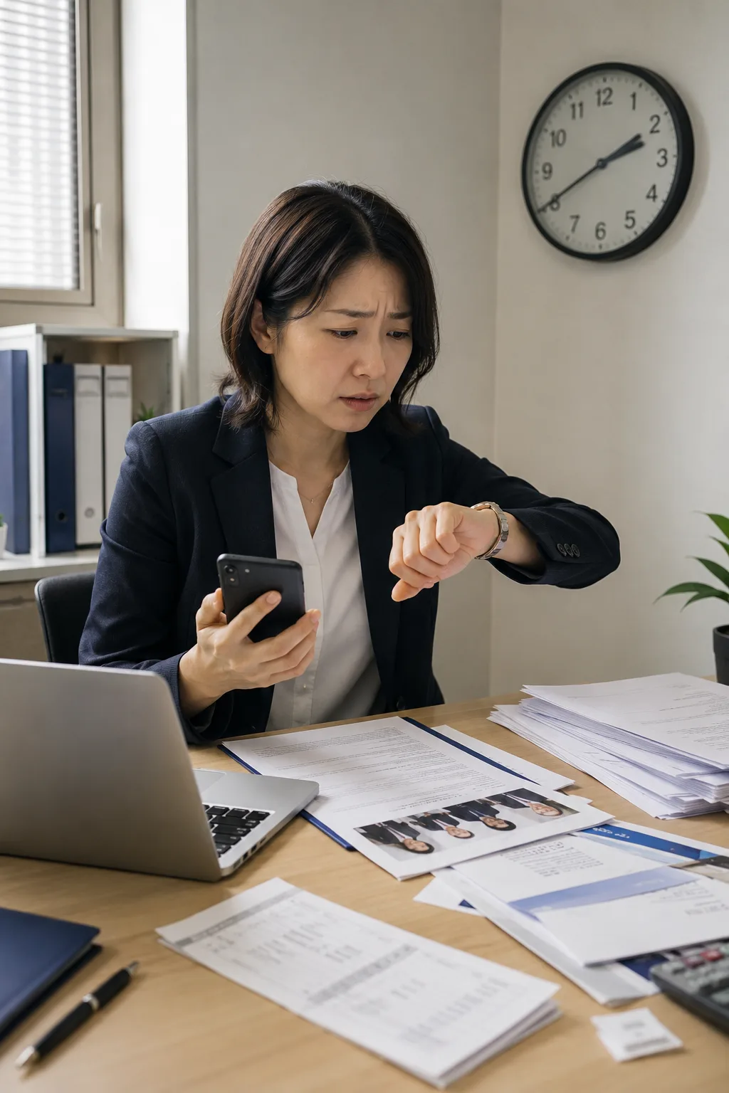 銀行振込の入金確認を待ちながら、掲載開始の遅れに焦る採用担当者のイメージ
