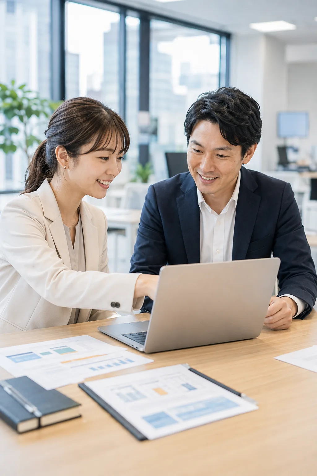 契約後すぐに掲載準備へ進み、担当者と一緒に画面を確認している様子のイメージ