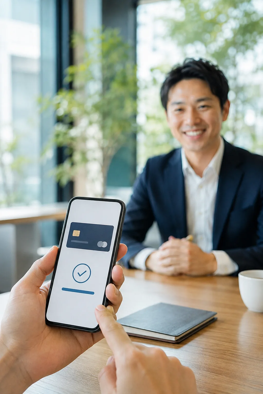 契約の場でスマートフォンからクレジットカード決済が完了する様子のイメージ